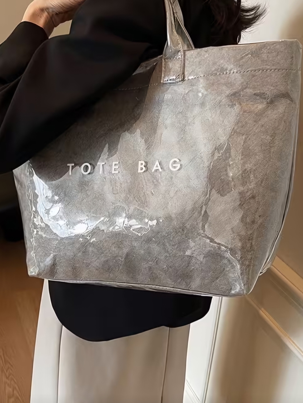 NWOT Clear Grey Tote Bag "TOTE BAG" Lettering